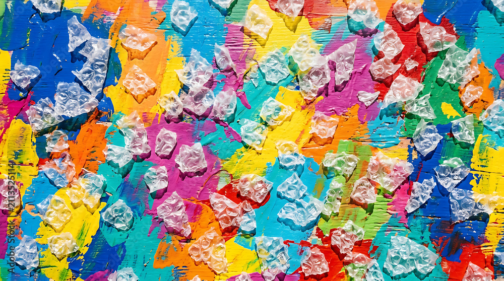 Fototapeta premium Abstract textured art with scattered colorful paint fragments and vibrant energetic background