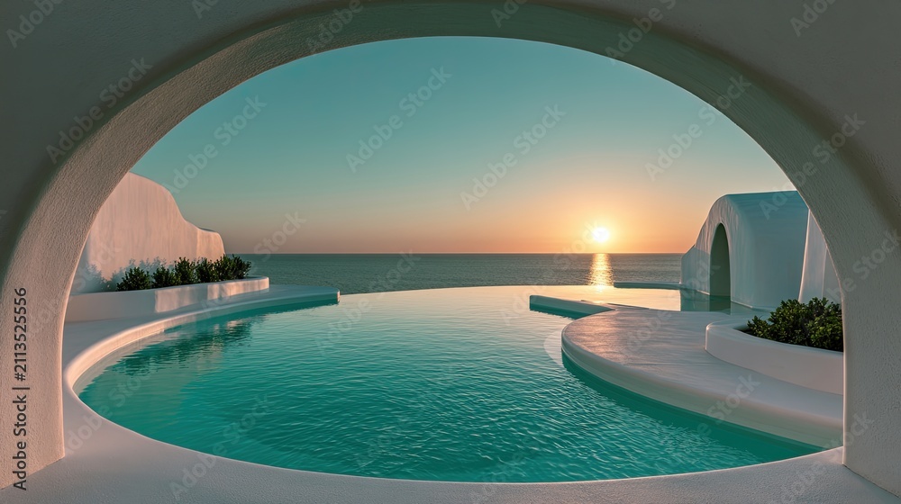 Fototapeta premium Tranquil infinity pool at sunset, with white architecture overlooking ocean