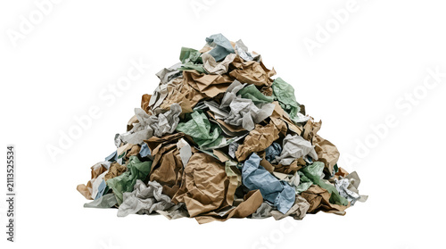 Pile of crumpled paper in various colors including brown, blue, green, and white, arranged in a mound shape on a plain transparent background