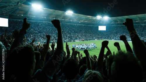 Fans cheer as a team celebrates a victory on a brightly lit stadium field