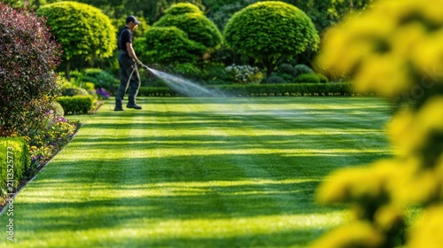Man sprays vibrant green lawn in sunlit manicured garden with pruned bushes