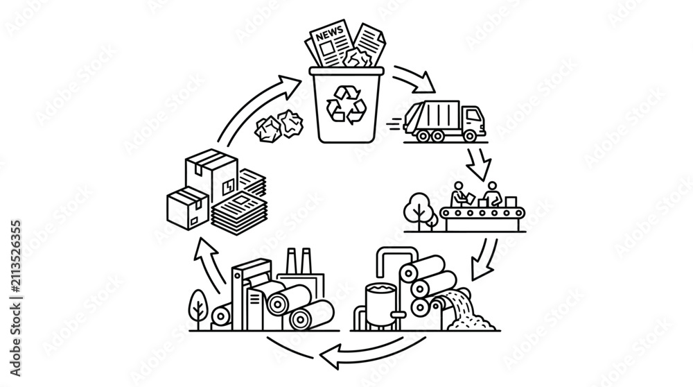 Fototapeta premium Minimalist Black and White of Recycling Paper Products Process from Waste Collection to Manufacturing