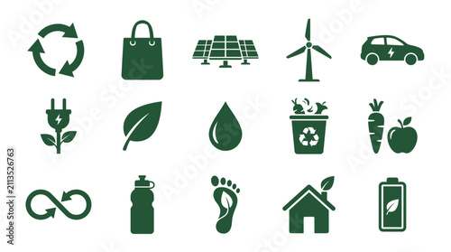 Eco friendly green icons set. Sustainable energy and environmental protection symbols.