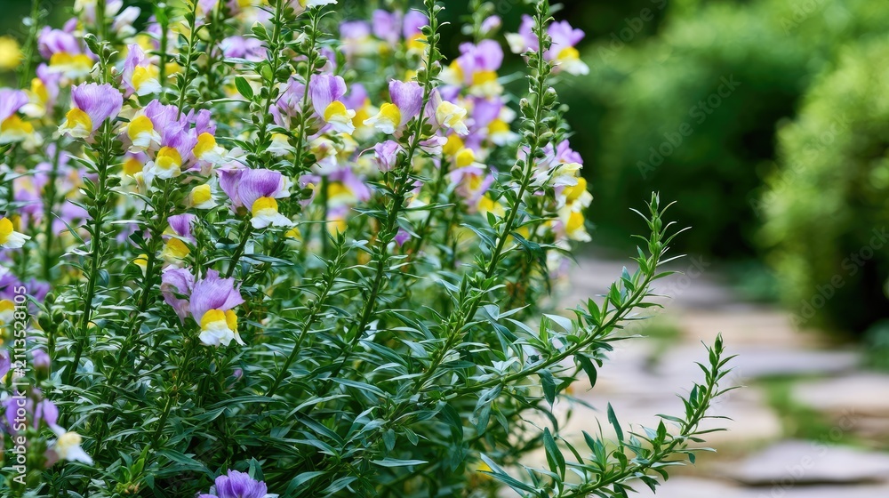 Obraz premium Delicate purple and yellow blossoms bloom along a garden path
