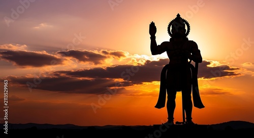 Silhouette of Lord Hanuman statue against a vibrant golden sunset sky