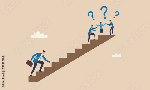 Business mountain teams together businessman trying hard with full effort climb up big step ladder or stairway