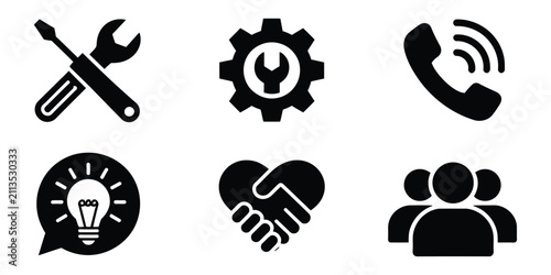 Technical support icons featuring maintenance, wrench, phone call, creative ideas, partnership, professional team collaboration, customer service, and repair symbols