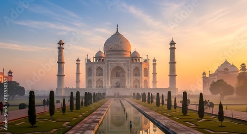 Taj Mahal marble mausoleum in Agra at sunrise with reflecting pool
