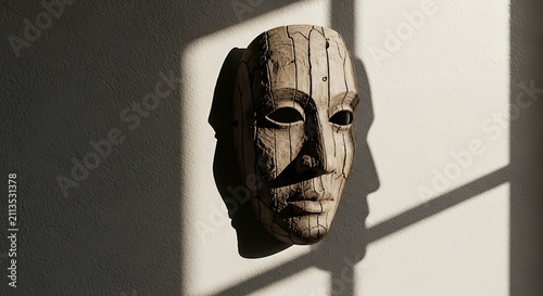 Wooden human face mask mounted on a textured wall with sunlight shadows