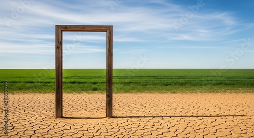 Wooden door frame standing on dry cracked earth overlooking green field