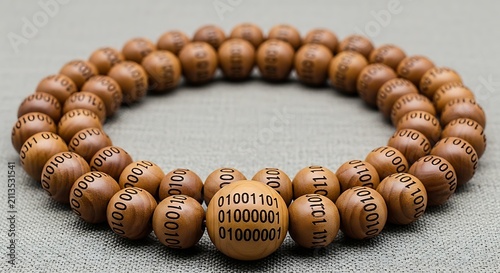 Wooden prayer beads with binary code symbols representing digital religion