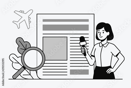 Female news reporter holding a microphone in front of a newspaper layout with a magnifying glass and airplane.