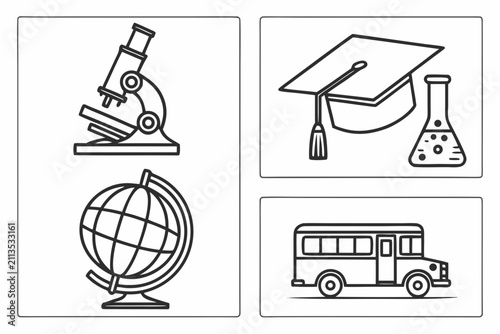 Modern educational icons set for science, geography, and learning. Vector illustrations of a microscope, globe, graduation cap, and school bus.