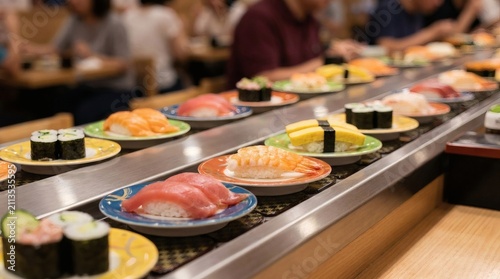 Conveyor Belt Sushi (Kaiten-zushi) Restaurant with Colorful Plates Moving Past Diners