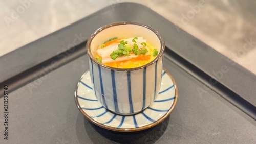 Chawanmushi Steamed Egg Custard, Savory Egg Dish with Crab Stick and Green Onion
