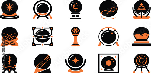 Fotografía Set of fifteen mystical crystal ball icons with magical elements and occult symb