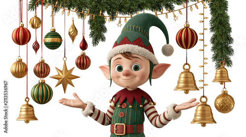 Whimsical Christmas elf character, festive holiday decorations with baubles and gold bells isolated on Transparent Background