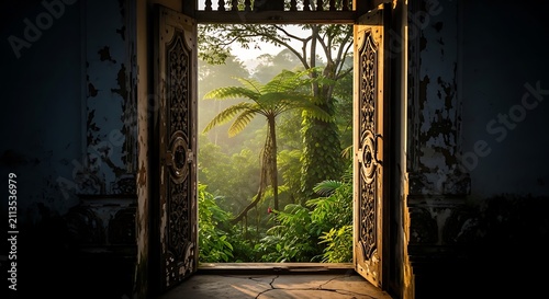 Open ornate wooden doors looking out to a sunlit tropical rainforest
