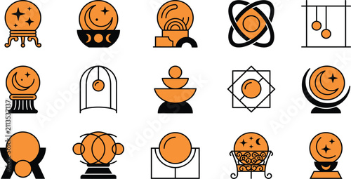 Bild auf Leinwand Set of fifteen flat vector icons featuring crystal balls and mystical fortune te
