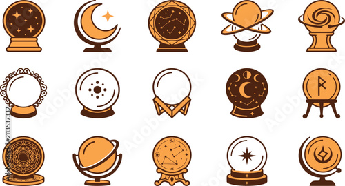 Foto Set of fifteen hand drawn crystal ball illustrations with mystical and celestial