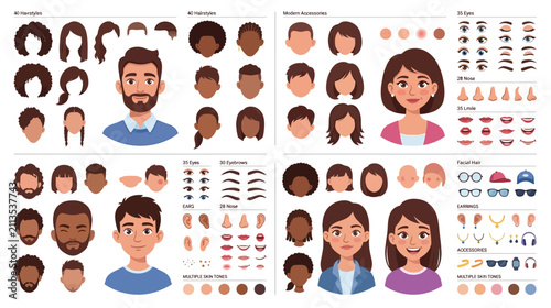 Obraz na plátně Diverse human character face creator kit with customizable features for modern d
