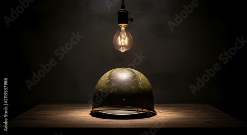 Vintage military helmet illuminated by a hanging light bulb on a table