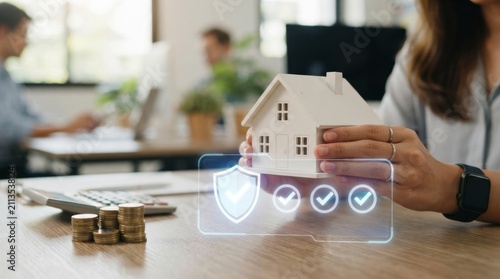 Home insurance protection concept with house model, security checklist and financial planning. Property coverage, risk management, mortgage safety and residential asset protection for homeowners.
