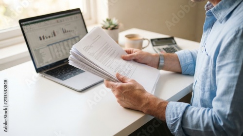 Businesswoman hands review receipts beside laptop and calculator. Focused expression shows careful financial management. Desk cluttered with papers implies busy work environment.