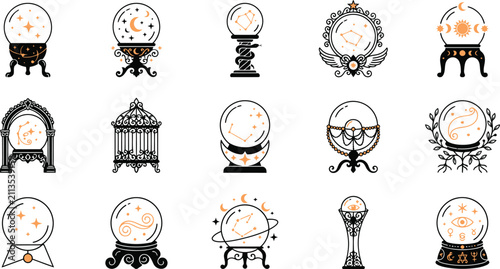 Foto Set of fifteen hand drawn crystal ball icons for fortune telling and magic divin