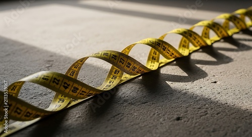 Yellow measuring tape formed in a helix shape on a textured grey surface