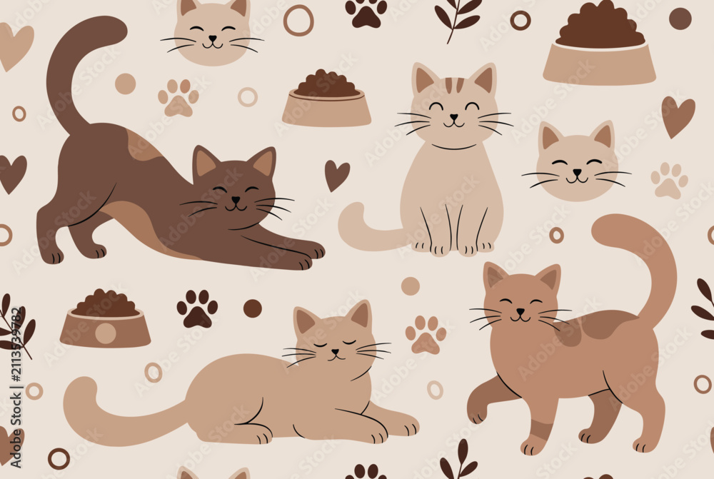 Obraz premium Charming seamless pattern featuring cute playful cartoon cats, paw prints, and food bowls in cozy warm brown tones.