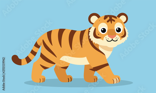 Adorable cartoon tiger cub walking playfully and looking forward with friendly eyes against a soft blue background.