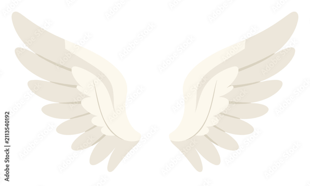 Fototapeta premium Elegant pair of off-white angel wings spread wide symbolising freedom, spirituality, peace, and protection on white background.