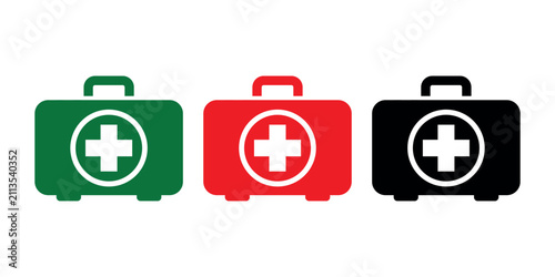 Konstfotografi First Aid Kit Icon Set with Medical Cross Symbols in Green, Red and Black for Em