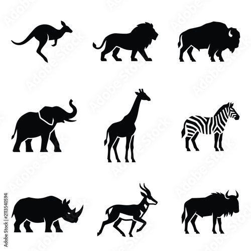 Photography Collection of black animal silhouettes featuring wild fauna like elephants, lion