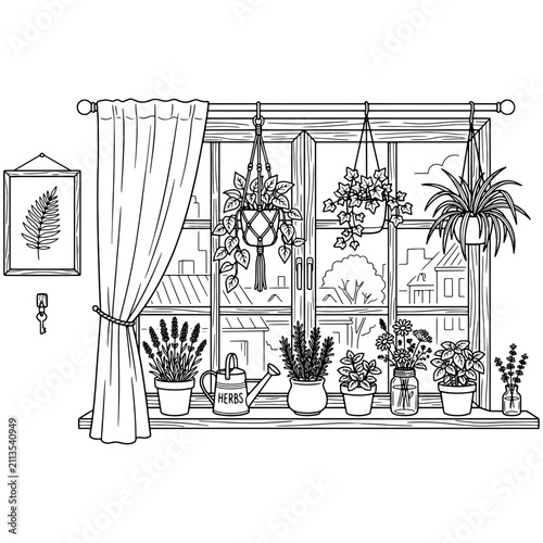 Cozy indoor window sill garden with potted herbs hanging macrame plants curtain and watering can vector line art illustration