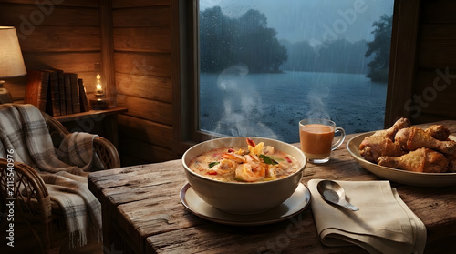 Authentic Tom Yum Goong served on a wooden table inside a cozy wooden cabin during a rainy day