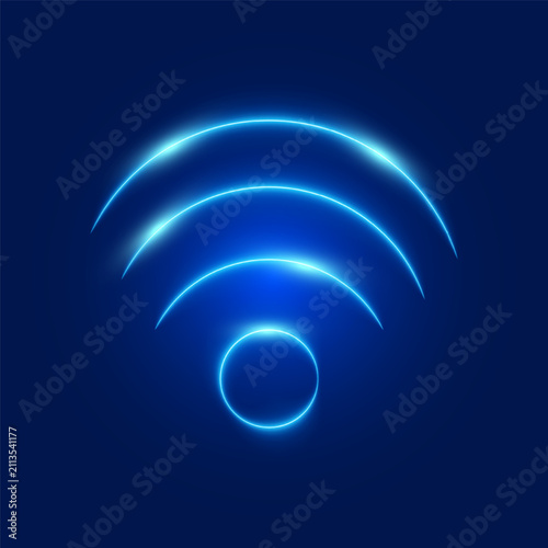 Neon wifi and wireless sign, blue connection signal icon, vector illustration.