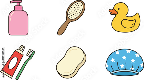 Fotografie Cute Cartoon Bath Time and Bathroom Accessories Vector Illustration Toiletry Ico