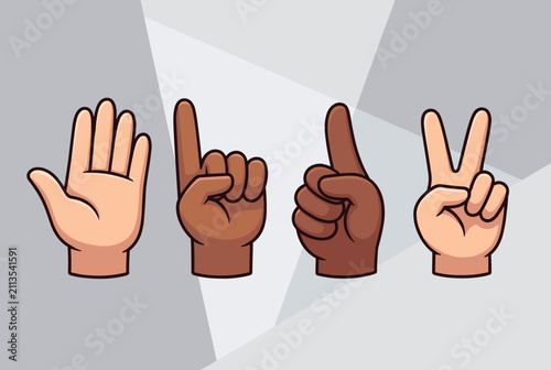 Diverse hands with different skin tones displaying various numeric gestures from five fingers to pointing and peace sign.