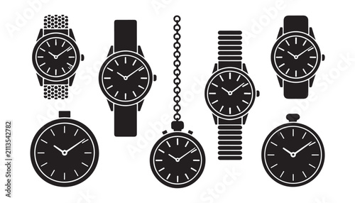 Foto Set of various watch icons including wristwatches and pocket watches in black flat silhouette