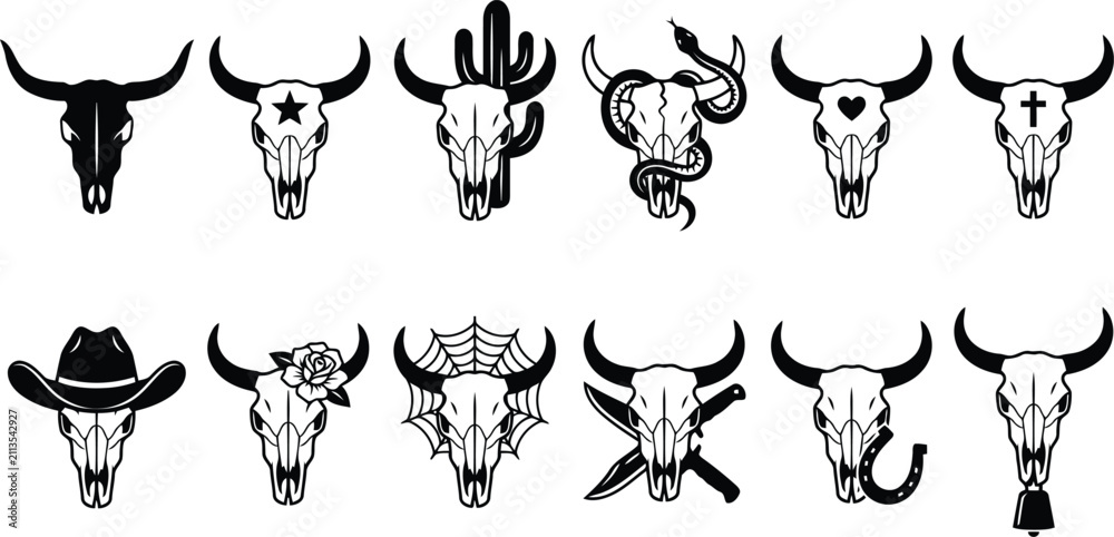 Obraz premium Collection of black and white featuring longhorn cattle skulls decorated with various symbols like stars, hearts, crosses, and cacti