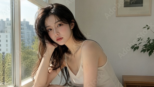 Young Woman Sitting by Window in Sunlit Modern Home Interior