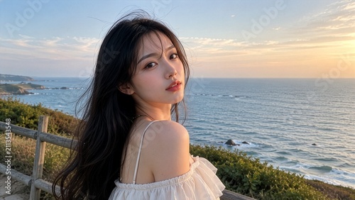 Young Woman by the Ocean at Sunset with Scenic Coastal View