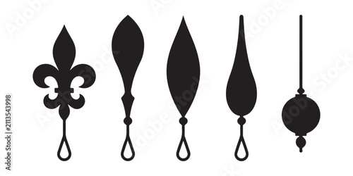 Selection of decorative clock pendulum shapes and vintage watch parts in black silhouettes.