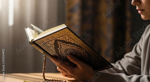 Person holds an open holy book while sitting quietly in a dimly lit peaceful indoor setting.