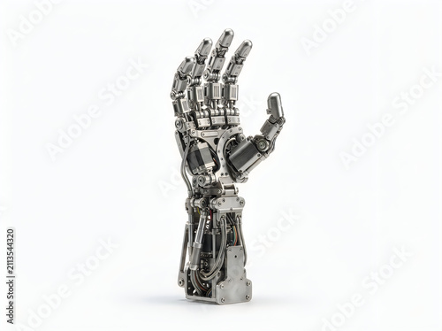 Advanced robotic hand prosthesis with mechanical joints isolated on white background