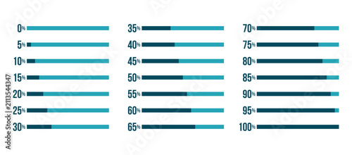 blue progress bar percentage diagrams set, started 0 finished 100, increase 5, infographic elements collection, 5 10 15 20 25 30 35 40 45 50 55 60 65 70 75 80 85 90 95 100 percent