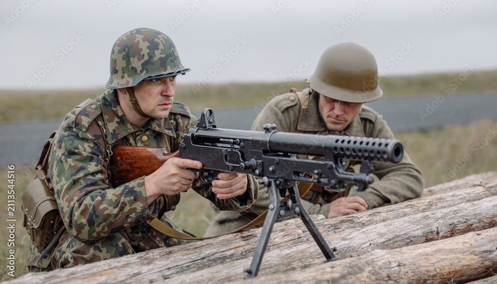 Fototapeta premium World War II Soldiers Manning a Machine Gun behind Logs