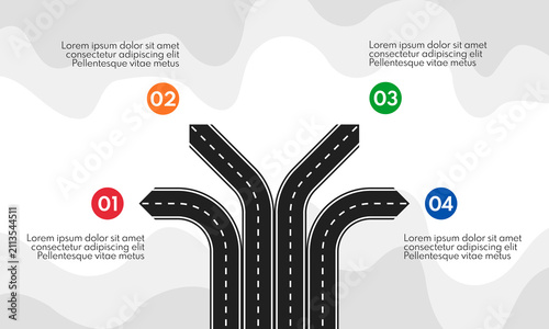 4 different direction road lines, four options infographic template, forked road business strategy concept